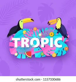 Word TROPIC composition with creative pink blue jungle leaves fruits two toucans on purple background in paper cut style. White letters for banner, flyer T-shirt printing. Vector illustration.