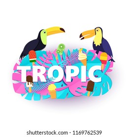 Word TROPIC composition with creative pink blue jungle leaves ice cream two toucans on white background in paper cut style. White letters for banner, flyer T-shirt printing. Vector illustration.