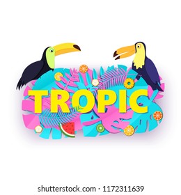 Word TROPIC composition with creative pink blue jungle leaves fruits two toucans on white background in paper cut style. Yellow letters for banner, flyer T-shirt printing. Vector illustration.