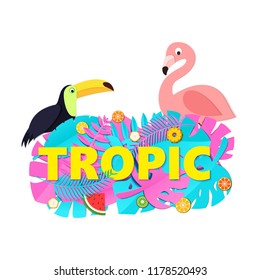 Word TROPIC composition with creative pink blue jungle leaves fruits toucan flamingo on purple background in paper cut style. Yellow letters for banner, flyer T-shirt printing. Vector illustration
