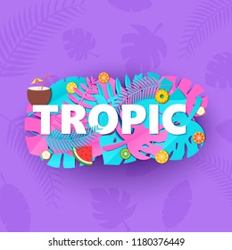 Word TROPIC composition with creative pink blue jungle leaves and fruits on purple background in paper cut style. Tropical leaf letters for poster, banner flyer T-shirt printing, Vector illustration