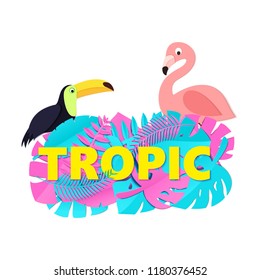 Word TROPIC composition with creative pink blue jungle leaves toucan flamingo on white background in paper cut style. Yellow letters for banner, flyer T-shirt printing. Vector card illustration.