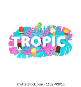 Word TROPIC composition with creative pink blue jungle leaves and ice cream on white background in paper cut style. Tropical leaf letters for poster, banner flyer T-shirt printing. Vector illustration