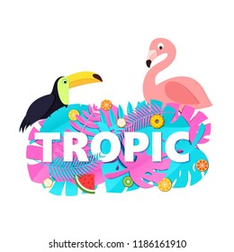 Word TROPIC composition with creative pink blue jungle leaves fruits toucan flamingo on white background in paper cut style. White letters for banner, flyer T-shirt printing. Vector illustration
