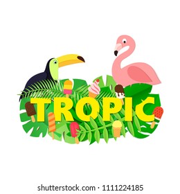 Word TROPIC composition with jungle leaves ice cream toucan flamingo on white background in paper cut style. Yellow letters for design poster, banner, flyer T-shirt printing. Vector card illustration.