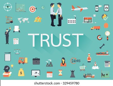 The word TRUST with long shadow surrounding by concerning flat icons
