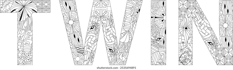 Word TWIN for coloring. Vector decorative zentangle object for any purpose