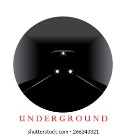 The word underground and the train in a tunnel