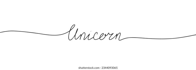 Word Unicorn in line art style. One line continuous handwriting text. Horizontal banner. Vector illustration.