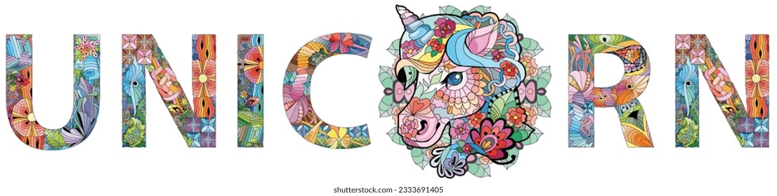 Palabra UNICORN. Objeto de zentángulo decorativo vectorial. Diseño de arte pintado a mano