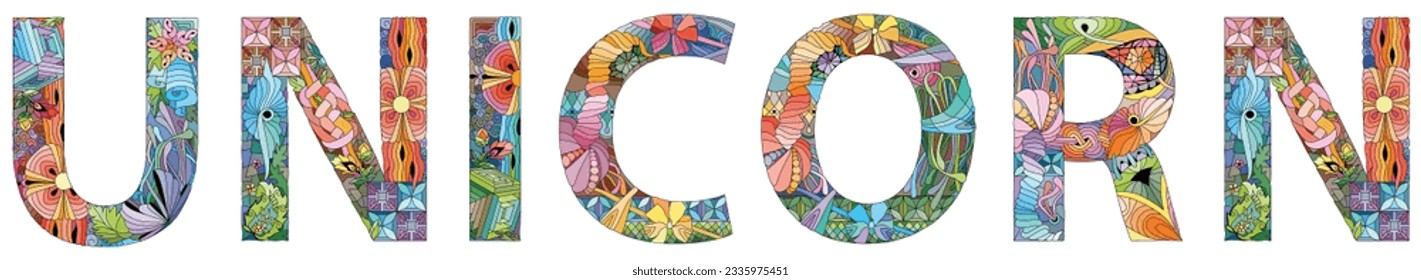 Palabra UNICORN. Objeto de zentángulo decorativo vectorial. Diseño de arte pintado a mano