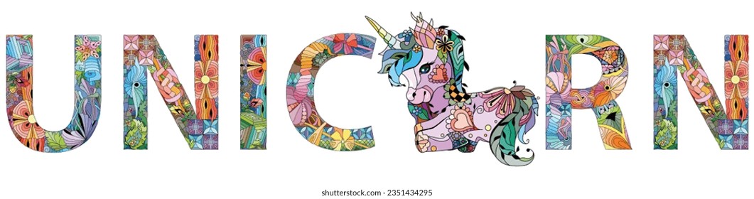 Palabra UNICORN. Objeto de zentángulo decorativo vectorial. Diseño de arte pintado a mano