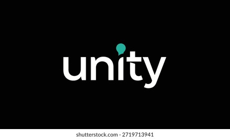 The word 'unity' is presented in bold white lettering against a stark black background. A small, vibrant cyan speech bubble design is subtly