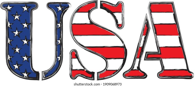  Word USA with american, distressed grunge look. American quality product symbol. Manufactured in the United States sign. Vector illustration 