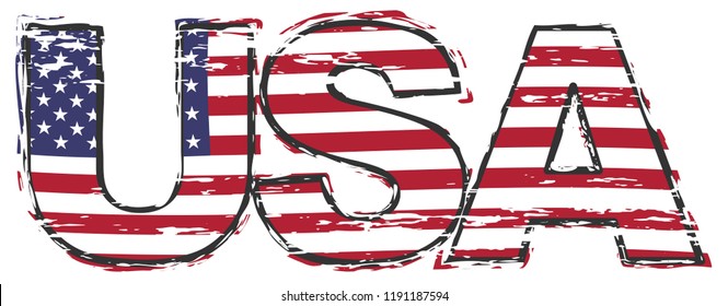 Word USA with american flag under it, distressed grunge look.