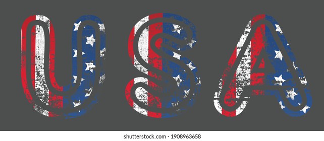  Word USA with american flag under it, distressed grunge look.American quality product symbol. Manufactured in the United States sign. Vector illustration 