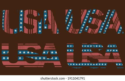  Word USA with american flag under it, distressed grunge look.American quality product symbol. Manufactured in the United States sign. Vector illustration,SET 