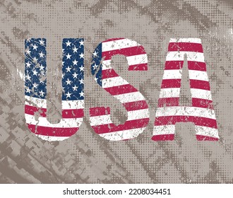  Word USA with american flag under it, distressed grunge look.American quality product symbol. Manufactured in the United States sign. Vector illustration