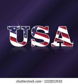 Word USA with national flag pattern and reflection