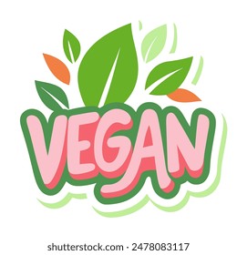 The word vegan is surrounded by green leaves on a white background