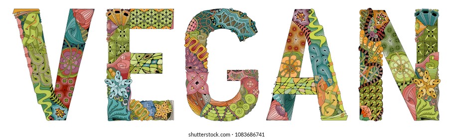 Word vegan. Vector decorative zentangle object