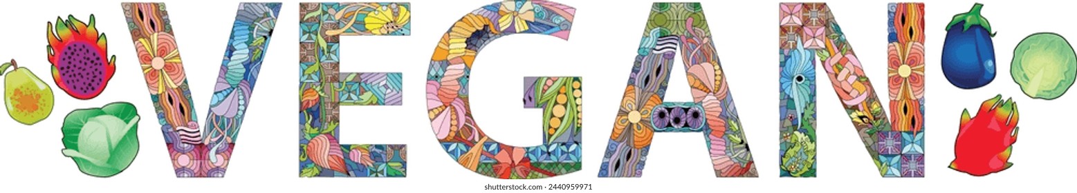 Word VEGAN. Vector decorative zentangle object for any purpose