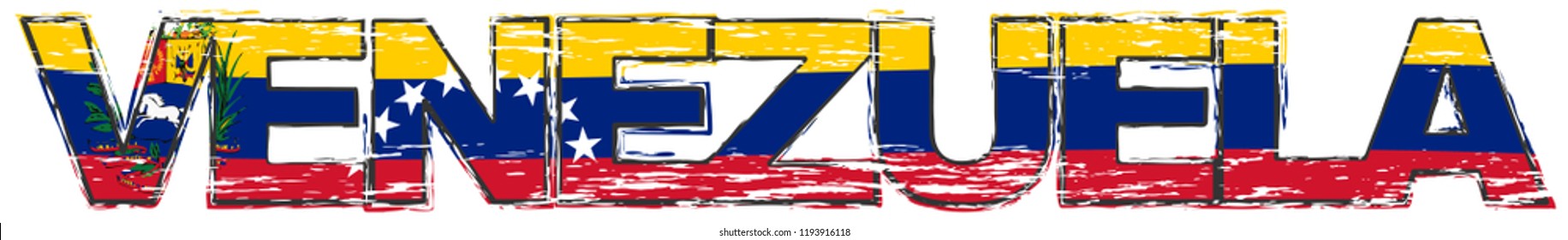 Word VENEZUELA with Venezuelan national flag under it, distressed grunge look.