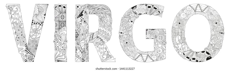 Word VIRGO. Vector zentangle object for decoration, for coloring