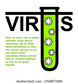 La palabra virus con una letra estilizada U en forma de tubo de prueba en el que se cierra el virus. Ilustración de un artículo sobre el coronavirus, la enfermedad. Imagen vectorial para banner, sitio web, medios sociales.