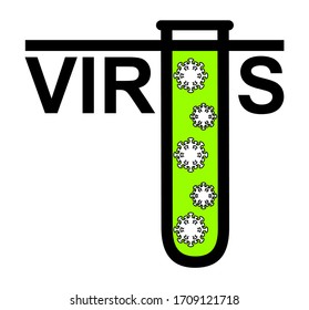 La palabra virus con una letra estilizada U en forma de tubo de prueba en el que se cierra el virus. Victoria sobre el coronavirus, deshaciéndose de la enfermedad. Imagen vectorial para banner, sitio web, medios sociales.