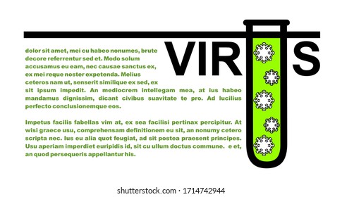 La palabra virus con una letra estilizada U en forma de tubo de prueba en el que se cierra el virus. Ilustración de un artículo sobre el coronavirus, la enfermedad. Imagen vectorial para banner, sitio web, medios sociales.