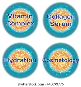Word Vitamin Complex. Collagen Serum. Hydration. Cosmetology. Health concept with text in a high-tech frame. Modern Medical concept. Vector