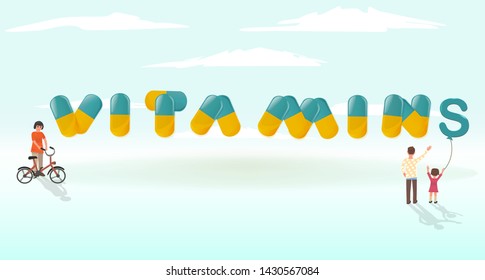 The word Vitamins is written using pills. 3D pills. Vector illustration. Cartoon family. Flat persons. Internet banner or poster.