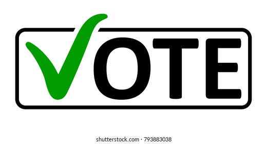 word Vote with a green checkmark instead of the letter V in the box frame, vector the concept of elections the referendum the electorate, vote in a box