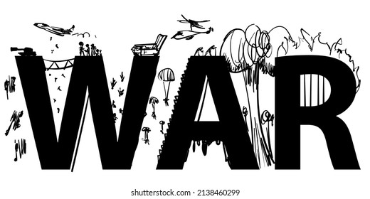 Guerra de palabras con ilustración de doodle. Grabación de vectores con tanques, helicópteros, soldados y explosiones. El horror de lo que está pasando en la guerra.