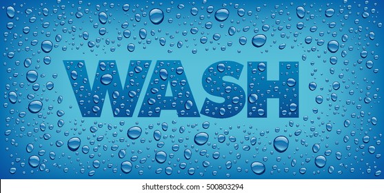 word wash with fresh water drops on blue background