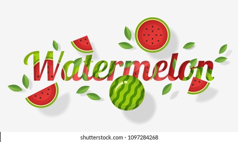 Word watermelon design decorated with watermelon fruits and leaves in paper art style , vector , illustration