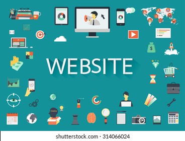 Word WEBSITE surrounded by related flat icons.
