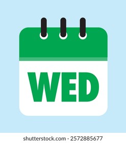 word WED abbreviations for wednesday green color calendar icon on light sky blue color background, wednesday vector illustration