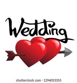 Word wedding and two hearts vector illustration