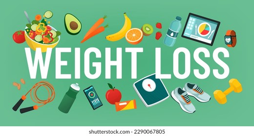 Word weight loss surrounded by training equipment, healthy food and devices: fitness and losing weight concept