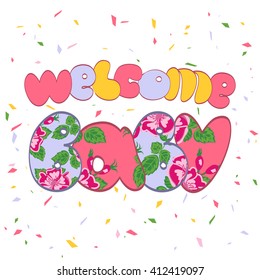 Word Welcome Baby.Vintage college artwork for women shirt with floral texture.Graphic Design - for t-shirt, fashion, prints or banner