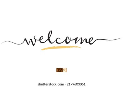 The word 'Welcome' as hand drawn script with a brush stroke underneath