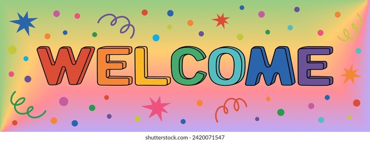 The word Welcome. Rainbow colored inscription. Hand drawn vector illustration isolated on gradient background. Modern flat cartoon style.