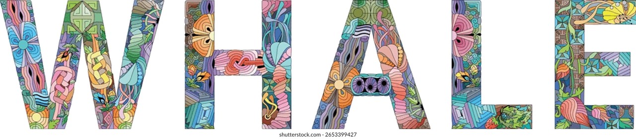 Word WHALE. Vector zentangle object for decoration