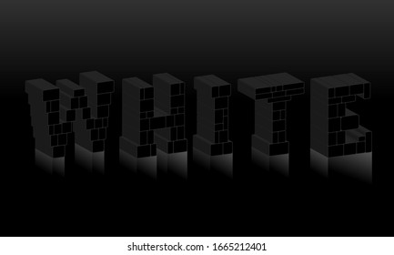 The word white consists of black 3D stone letters against a dark background