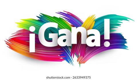 The word for Win in Spanish is shown in bold white text on colorful brush strokes. Vector illustration.