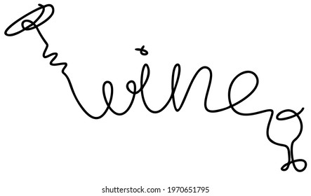 word Wine continuous doodle with corkscrew and glass