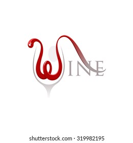 Word wine with letter w in a shape of the flowing red wine isolated on white background - vector illustration