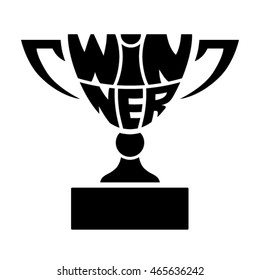 Word winner inscribed in form of winner cup, prize for Olympic Games, World and regional championships, international sports, dance, art, music, student competitions and various other competitions